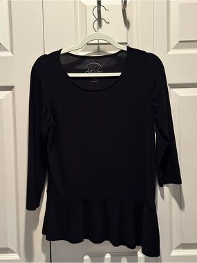 INC Black Peplum Top 3/4 Sleeve Sheer Back Ruffle Hem Blouse
